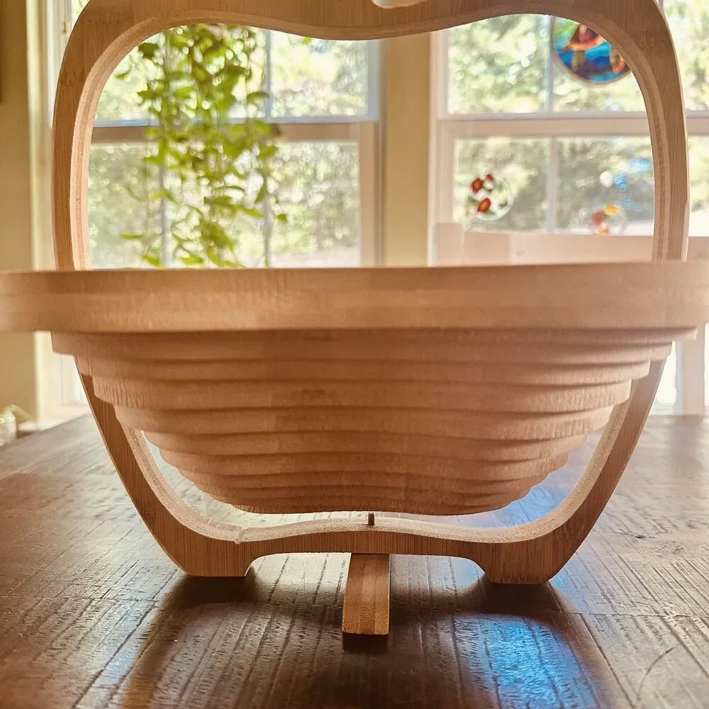 Collapsible Bamboo Fruit Basket Apple Shaped Folding Wood Bowl Trivet VTG Style